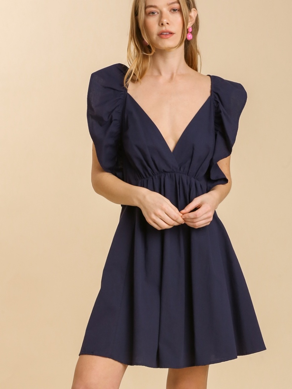 Umgee Navy Poplin Dress V-Neck Ruffle Sleeve Lace-Up Back Cotton Mini NWT